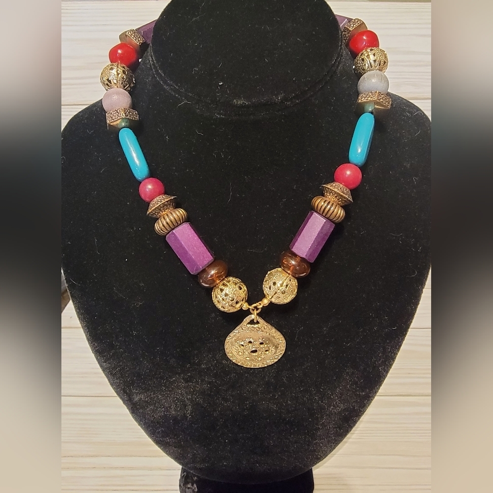 Vintage Dauplaise Chunky Multicolor Beaded Statement Necklace Pendant 16”